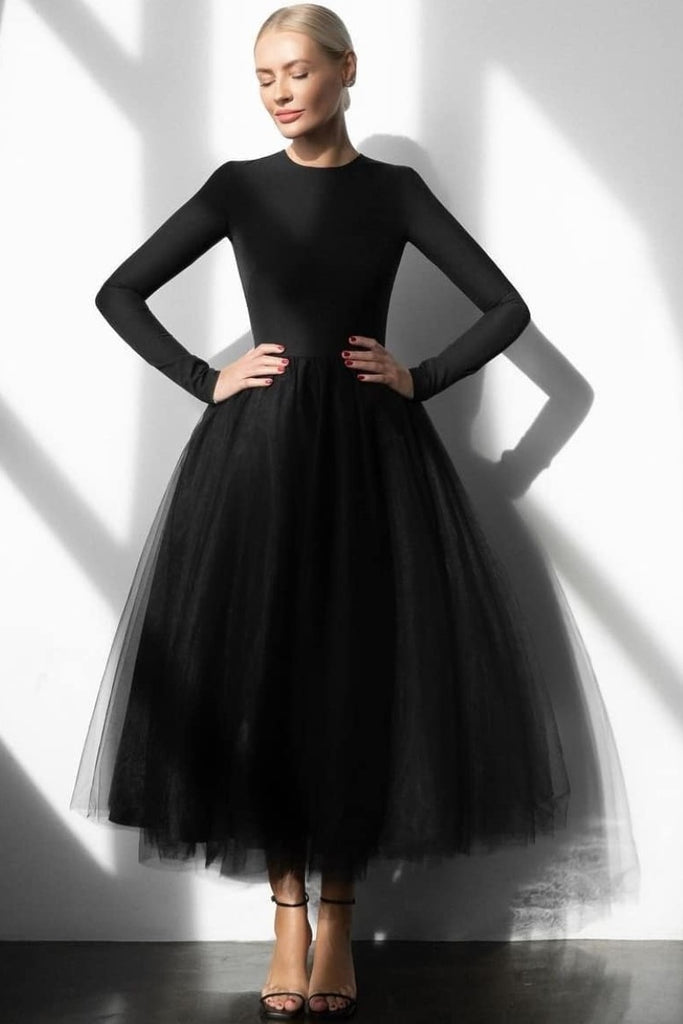 Modest Black Long Tulle Formal Dress with Long Lantern Sleeves - $123.9768  #AM6097 - SheProm.com